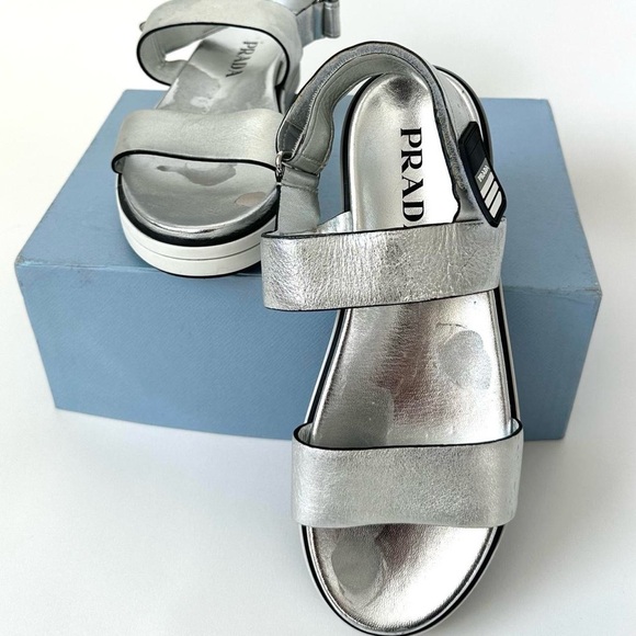 PRADA SPORTY METALLIC SILVER OPEN TOE SANDALS LUXURY PLATFORM SHOE 39, US 8.5 - Picture 4 of 12